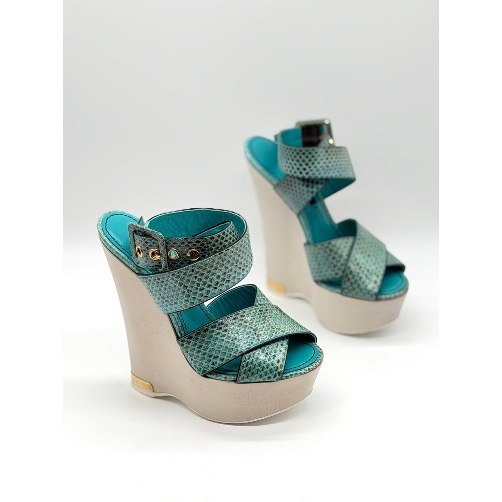 LOUIS VUITTON Snake Platform Wedges Women 35 Teal Python Embossed Leather Sandal
